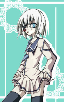 Rule 34 | 10s, 1boy, blue eyes, crossdressing, crossdressing (mtf), dies irae, eyepatch, male focus, shinza bansho series, simple background, solo, striped background, tongue, trap, white hair, wolfgang schreiber
