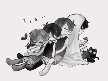 Rule 34 | ..., 4boys, :o, ^ ^, animal, antenna hair, back-to-back, bare arms, bare shoulders, blanket, cat, chibi, chibi only, closed eyes, closed mouth, collared shirt, commentary, cracked skin, creature, double-parted bangs, empty eyes, full body, game boy, grey background, greyscale, hair behind ear, hair between eyes, halftone, handheld game console, highres, holding, holding creature, holding handheld game console, kneehighs, knees up, leaf, looking at another, looking back, male focus, mewo, monochrome, multiple boys, multiple persona, no pupils, no shoes, omoli (omori), omori, omori (omori), omoriboy, open mouth, rou (h s sinrin), shattered omori (omori), shirt, short hair, short sleeves, shorts, sideways glance, simple background, sitting, sitting on lap, sitting on person, socks, striped clothes, striped shorts, sunny (omori), sweater vest, tank top, thighhighs, u u, under covers, vertical-striped clothes, vertical-striped shorts, very short hair, zzz