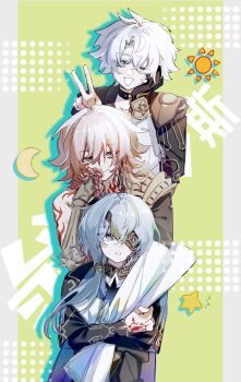 2471598686 3boys anaxa_(honkai:_star_rail) antenna_hair arm_tattoo armlet armor belt_collar black_coat black_collar black_gloves blue_eyes blue_hair chinese_commentary closed_mouth coat collar collared_coat collared_jacket collared_shirt eyepatch facial_tattoo friends gloves green_background hair_between_eyes hair_over_shoulder hand_tattoo hand_up head_rest head_tilt highres holding holding_paper honkai:_star_rail honkai_(series) hugging_object human_stacking jacket jewelry light_blue_hair light_smile long_hair long_sleeves looking_at_viewer looking_to_the_side looking_up low_ponytail messy_hair multicolored_background multicolored_eyes multiple_boys mydei_(honkai:_star_rail) paper parted_lips phainon_(honkai:_star_rail) pink_hair ponytail ring shirt short_hair shoulder_armor shoulder_tattoo single_glove smile standing tattoo teeth v white_hair yellow_eyes