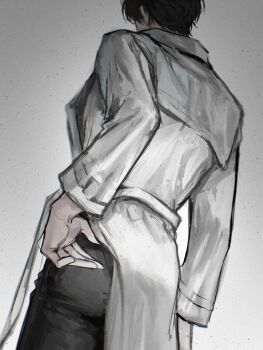 1boy ass black_hair coat commentary english_commentary from_below hand_on_own_ass hand_up highres kim_dokja male_focus omniscient_reader&#039;s_viewpoint open_clothes open_coat plu_awk short_hair solo white_coat