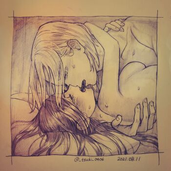 1boy 1girl after_kiss arm_around_neck breasts closed_eyes dated ferdinand_(honzuki_no_gekokujou) half-closed_eyes hetero highres hitsuki_(hiidukii) honzuki_no_gekokujou long_hair medium_breasts myne_(honzuki_no_gekokujou) nude saliva saliva_trail sideboob tears traditional_media twitter_username