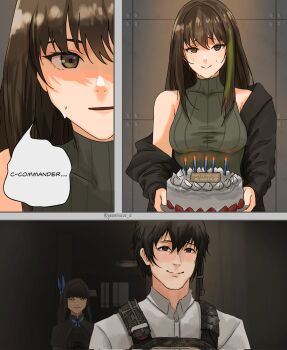 1boy 2girls birthday birthday_cake black_hair brown_eyes brown_hair bulletproof_vest cake commander_(girls&#039;_frontline) dated dgkamikaze english_text food girls&#039;_frontline green_hair happy_birthday highres holding holding_cake holding_food jacket long_hair lunasia_(girls&#039;_frontline) m4a1_(girls&#039;_frontline) multicolored_hair multiple_girls smile speech_bubble streaked_hair sweat tourniquet