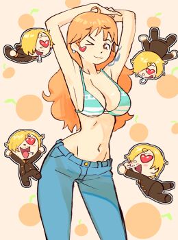 Rule 34 | &gt; &lt;, 1boy, 1girl, :3, :d, ahoge, aqua bikini, arched back, armpits, arms behind head, arms up, asymmetrical bangs, bikini, bikini top only, blonde hair, blue pants, blush stickers, breasts, brown eyes, brown jacket, brown pants, buttons, chibi, chibi inset, cleavage, closed mouth, cocked eyebrow, collarbone, commentary, contrapposto, cowboy shot, curly eyebrows, curvy, denim, dot nose, double-breasted, drooling, earrings, facial hair, floating, food, fruit, fruit background, groin, hair flaps, hair over one eye, half-closed eye, head tilt, heart, heart-shaped eyes, hetero, highres, jacket, jeans, jewelry, large breasts, legs apart, light blush, long hair, long legs, long sleeves, looking at another, looking to the side, matheus felipe, mustache stubble, nami (one piece), nami (one piece) (return to sabaody), narrow waist, navel, one eye closed, one piece, open mouth, orange (fruit), orange background, orange hair, outline, outstretched arms, pants, parted bangs, pink background, raised eyebrow, sanji (one piece), short hair, shoulder tattoo, sideboob, sidelocks, smile, solo focus, standing, stomach, striped bikini, striped blush, striped clothes, stubble, swimsuit, tattoo, thick eyelashes, underboob, v-shaped eyebrows, very long hair, wavy hair, white bikini, white outline, wide hips, wink