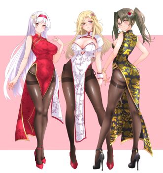 3girls absurdres alternate_breast_size_(larger) alternate_costume ass black_dress black_pantyhose blonde_hair breasts china_dress chinese_clothes cleavage commentary_request dress floral_print full_body grey_eyes grey_hair hairband high_heels highres hornet_(kancolle) kantai_collection large_breasts long_hair medium_breasts multiple_girls nitamako_(sakamalh) pantyhose pink_background print_dress red_dress red_hairband shoukaku_(kancolle) sleeveless sleeveless_dress small_breasts standing thighband_pantyhose twintails two-tone_background very_long_hair vine_print white_background white_dress white_hair wrist_cuffs yellow_eyes zuikaku_(kancolle)