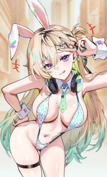 Rule 34 | +++, 1girl, :q, alternate costume, animal ear hairband, animal ears, animal print, aqua necktie, arm up, bare shoulders, black nails, blonde hair, blue eyes, blurry, blurry background, blush, breasts, cleavage, commentary, detached collar, earrings, fake animal ears, fingernails, foxyreine, green hair, hair between eyes, hair ornament, hairband, hand on own hip, headphones, headphones around neck, highres, jewelry, leaning forward, leopard print, long fingernails, long hair, looking at viewer, lynae (wuthering waves), medium breasts, mole, mole on breast, nail polish, navel, necktie, outdoors, rabbit ear hairband, rabbit ears, signature, skull hair ornament, slingshot swimsuit, smile, solo, standing, star (symbol), star earrings, stomach, swimsuit, thigh strap, thighs, tongue, tongue out, variant set, very long hair, wrist cuffs, wuthering waves