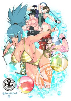 2girls 3boys ball bandana beret bikini black_hair blonde_hair blue_eyes blue_hair bracelet breasts brown_hair clark_still cleavage earrings eyepatch hat heidern highres holding holding_whip ikari_warriors jewelry large_breasts leona_heidern mature_male multiple_boys multiple_girls muscular muscular_male navel ponytail ralf_jones rocohisaya side-tie_bikini_bottom stomach striped_bikini striped_clothes sunglasses swim_ring swimsuit the_king_of_fighters triangle_earrings vest water whip