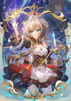 1girl :o apron artist_name black_dress blue_eyes breasts brown_hair candle candlestand chinese_commentary cleavage commentary_request dress genshin_impact gloves gou_lianlian_dogface highres holding holding_candlestand maid maid_apron medium_breasts sandrone_(genshin_impact) short_hair_with_long_locks solo white_apron white_gloves white_headdress
