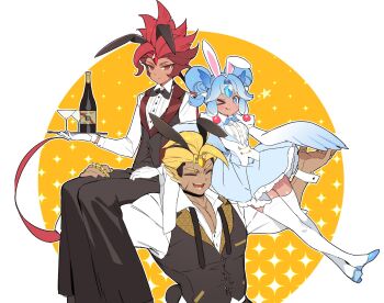 &gt;_o +_+ 1girl 2boys alternate_costume animal_ears black_bow black_bowtie black_choker black_necktie black_skirt black_tail black_vest blonde_hair blue_bow blue_bowtie blue_eyes blue_gemstone blue_hair blue_shoes blue_skirt blue_slushy_cookie blush border bottle bow bowtie brown_streaks buttons carrying carrying_multiple_people carrying_over_shoulder carrying_person choker claw_ring closed_eyes closed_mouth cocktail_glass collared_shirt commentary cookie_run cookie_run:_ovenbreak cup drinking_glass fake_animal_ears fake_tail feather_hair feathered_wings forehead_jewel frilled_skirt frills gem gloves gold_honey_cake_cookie hair_bow hair_wings head_wings highres holding holding_plate humanization jewelry juliet_sleeves long_hair long_skirt long_sleeves multicolored_hair multiple_boys multiple_rings necktie ohta_guk_hip one_eye_closed open_mouth partially_unbuttoned plate ponytail puffy_sleeves rabbit_ears rabbit_tail red_eyes red_gemstone red_hair red_panna_cotta_cookie ring scar scar_on_face shirt shoes short_hair skirt smile star_(symbol) streaked_hair symbol-only_commentary tail thighhighs tongue tongue_out two-tone_hair undone_necktie very_long_hair vest waistcoat white_border white_bow white_gloves white_shirt white_thighhighs white_vest white_wrist_cuffs wine_bottle wings wrist_cuffs yellow_gemstone
