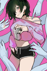 Rule 34 | 1girl, beer can, black choker, black hair, black nails, black shorts, bra strap, breasts, can, chainsaw man, choker, cigarette, drink can, eyepatch, feet out of frame, full body, ghost devil (chainsaw man), ghost hands, hair over one eye, highres, himeno (chainsaw man), holding, holding cigarette, long sleeves, looking at viewer, midriff, nail polish, navel, pink background, pink sweater, pointing, sailen0, short hair, shorts, single bare shoulder, single off shoulder, smirk, sweater