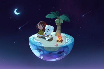Rule 34 | 1boy, 1girl, acoustic guitar, animal crossing, animal ears, blunt bangs, blush, blush stickers, brown hair, campfire, clam shell, closed eyes, closed mouth, coconut, coconut tree, commentary request, crescent moon, dog, dog ears, fire, fish, flower, full body, furry, furry male, green shirt, guitar, hair flower, hair ornament, hawaiian shirt, highres, holding, holding instrument, instrument, k.k. slider (animal crossing), log, medium hair, moon, music, night, nintendo, outdoors, palm tree, playing instrument, red flower, saino misaki, sand, seashell, shell, shirt, shooting star, short sleeves, shorts, sidelocks, sitting, sitting on log, sky, smile, star (sky), star (symbol), starry sky, tree, villager (animal crossing), water, white shorts