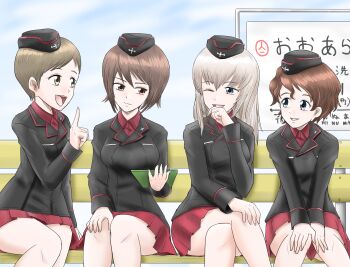 Rule 34 | 4girls, akaboshi koume, black hat, black jacket, blue eyes, brown eyes, brown hair, chair, collared shirt, commentary request, crossed legs, curly hair, garrison cap, girls und panzer, grey eyes, grey hair, hand on own knee, hands on own knees, harukai-i, hat, highres, holding board, itsumi erika, jacket, kojima emi, kuromorimine military uniform, long hair, miniskirt, multiple girls, nishizumi maho, on chair, ooarai (ibaraki), pointing, pointing up, red shirt, red skirt, shirt, short hair, sitting, skirt, train station, translation request, very short hair