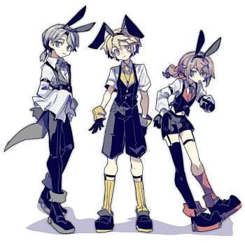 3boys :o aesop_carl alternate_costume androgynous animal_ear_hairband animal_ears arm_strap asymmetrical_legwear black_gloves black_pants black_shorts black_vest blonde_hair blue_eyes brown_hair butler color-coded cropped_vest edgar_valden fake_animal_ears floating_hair full_body gloves grey_eyes grey_hair hairband identity_v kneehighs legwear_garter looking_at_viewer male_focus male_playboy_bunny mdr_31 mismatched_legwear multiple_boys navel o-ring o-ring_thigh_strap pants ponytail rabbit_ear_hairband rabbit_ears red_socks shirt short_shorts shorts socks tailcoat_playboy_bunny thigh_strap uneven_legwear vest victor_grantz white_shirt yellow_eyes yellow_socks