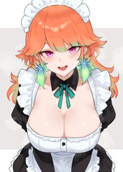 1girl absurdres alternate_costume bluefield breasts cleavage commentary earrings enmaided feather_earrings feathers gradient_hair highres hololive hololive_english jewelry large_breasts long_hair maid maid_headdress multicolored_hair open_mouth orange_hair purple_eyes smile solo takanashi_kiara virtual_youtuber