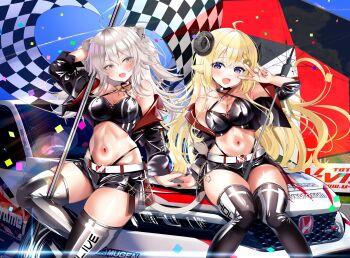2girls alternate_costume animal_ears bikini black_bikini black_jacket black_shorts black_thighhighs blonde_hair blush breasts car checkered_flag commentary_request cropped_jacket dress flag grey_eyes grey_hair highleg highleg_dress highres holding holding_flag hololive honda honda_civic honda_civic_type_r horns jacket lion_ears lion_girl lion_tail long_hair looking_at_viewer medium_breasts mizuno_kurage motor_vehicle multiple_girls outdoors purple_eyes sheep_ears sheep_girl sheep_horns shishiro_botan shorts swimsuit tail thighhighs tsunomaki_watame v v_over_eye very_long_hair virtual_youtuber