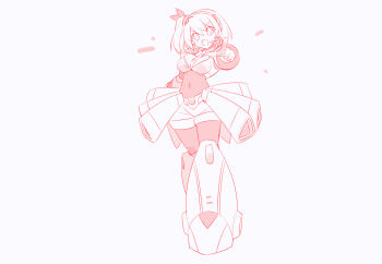 1girl bodysuit breasts full_body headset kaidou_zx medium_breasts mega_man_(series) mega_man_x_(series) mega_man_x_dive monochrome open_mouth pointing pointing_at_viewer red_theme rico_(mega_man) shorts side_ponytail simple_background skirt solo white_background