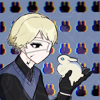 Rule 34 | 1boy, animal, black eyes, black gloves, black shirt, blonde hair, blue sweater vest, collared shirt, commentary, cracked skin, dress shirt, eyepatch, from side, glitch, gloves, griffin stewart, highres, holding, holding animal, holding rabbit, looking at animal, melting, om0 de, oshi no taisetsuna hito ni narikawaru, rabbit, shirt, short hair, solo, sweater vest, swept bangs, untranslatable commentary, yellow rabbit (animal)