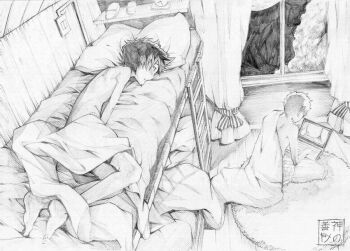 2boys bed blush bunk_bed computer eudetenis indoors laptop male_focus masturbation monochrome multiple_boys nude on_bed original pornography shota signature sketch