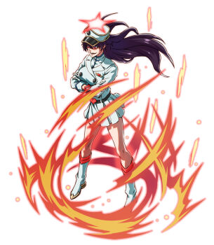 Rule 34 | 1girl, arms under breasts, aura, bambietta basterbine, belt, bleach, bleach: sennen kessen-hen, boots, breasts, brooch, buckle, cape, commentary, crossed arms, gloves, hat, heart, heart-shaped buckle, heart brooch, jacket, jewelry, large breasts, long hair, military, military hat, military uniform, miniskirt, no.4, peaked cap, pleated skirt, purple hair, quincy (bleach), red eyes, skirt, solo, wandenreich uniform, white background, white boots, white cape, white gloves, white hat, white jacket, white skirt