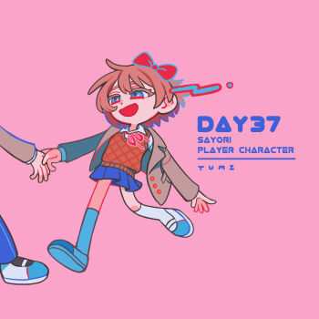 1boy 1girl artist_name blazer blue_eyes blue_shoes blue_skirt bow character_name collared_shirt commentary_request doki_doki_literature_club doki_doki_literature_club_school_uniform english_text eyelashes full_body grey_jacket hair_bow highres holding_hands jacket jep5e kneehighs long_sleeves neck_ribbon open_clothes open_jacket open_mouth orange_sweater_vest orange_vest pink_background pink_hair protagonist_(doki_doki_literature_club) red_bow red_ribbon ribbon sayori_(doki_doki_literature_club) school_uniform shirt shoes short_hair simple_background skirt smile socks solo_focus sweater_vest vest white_shirt white_socks