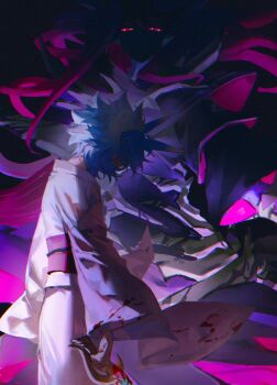 Rule 34 | 2boys, alien 888, antenna hair, black background, black robe, blood, blood on clothes, blood on hands, bloody weapon, blue hair, colored sclera, dappled moonlight, depressed, eyes in shadow, face in shadow, facing another, facing to the side, floating, glowing, glowing eyes, high contrast, highres, holding, holding sword, holding weapon, implied murder, japanese clothes, kimono, light particles, long hair, looking at another, looking down, midair, moonlight, multiple boys, red sash, red sclera, robe, sash, shade, sweater, sword, weapon, white kimono, white robe, white sweater, wind, yu-gi-oh!, yu-gi-oh! go rush!!, yudias velgear, zuwijo zir velgear