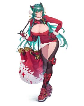 1girl absurdres breasts christmas cleavage cleavage_cutout clothing_cutout commentary_request dress gloves green_hair grin hand_on_own_hip highres kitakoji_hisui large_breasts long_hair long_sleeves looking_at_viewer nijisanji orewajedman panties sharp_teeth shoes short_dress smile sneakers solo teeth underwear virtual_youtuber white_background yellow_eyes