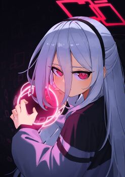 Rule 34 | 1girl, absurdres, black background, blue archive, commentary, commentary typo, double-parted bangs, energy orb, hair between eyes, hairband, halo, highres, jacket, kei (blue archive), kei (new body) (blue archive), long hair, long hair between eyes, looking at viewer, looking to the side, munbinggu, pink halo, rectangular halo, red eyes, red halo, ringed eyes, sideways glance, solo, white hair, white jacket