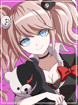 1girl absurdres bear_hair_ornament big_hair black_shirt blonde_hair blue_eyes bow breasts cleavage collarbone danganronpa:_trigger_happy_havoc danganronpa_(series) enoshima_junko hair_ornament highres hishaku_(hisyakusama) large_breasts long_hair looking_at_viewer monokuma nail_polish necktie pink_background red_bow shirt shirt_bow skirt smile twintails white_necktie