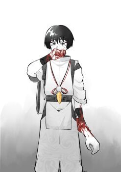 1boy arm_at_side armor artist_name blood blood_on_arm blood_on_face blood_on_hands blunt_ends clothing_cutout covering_own_mouth eyeliner eyeshadow feathers genshin_impact greyscale hand_over_own_mouth hand_up highres holding_limb japanese_armor japanese_clothes kariginu kote layered_sleeves looking_at_viewer makeup male_focus monochrome monochrome_background pants pelvic_curtain pom_pom_(clothes) red_eyeliner red_eyeshadow sash scaramouche_(genshin_impact) scaramouche_(kabukimono)_(genshin_impact) severed_arm severed_limb shoulder_cutout side_cutout sleeves_rolled_up solo spot_color tasuki wide-eyed wispy_bangs yellow_feathers zac-n