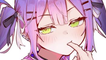 1girl biting biting_finger commentary green_eyes hair_ornament hairclip half-closed_eyes hololive index_finger_raised long_hair looking_at_viewer parallel_hairclips pov pov_hands purple_hair sauce_darusungi solo_focus symbol-only_commentary tokoyami_towa twintails variant_set virtual_youtuber