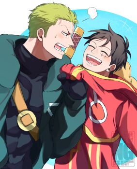 2boys black_bodysuit black_hair blush bodysuit closed_eyes coat d_e_r_e_l facial_scar green_hair hat highres jacket looking_at_another male_focus monkey_d._luffy multiple_boys official_alternate_costume one_piece open_clothes open_jacket open_mouth puff_of_air red_coat roronoa_zoro scar scar_on_cheek scar_on_face short_hair straw_hat sweatdrop turtleneck turtleneck_bodysuit unworn_hat unworn_headwear upper_body