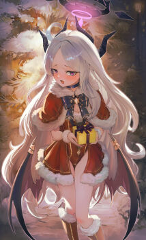 1girl ahoge black_halo blue_archive blue_ribbon box christmas demon_girl demon_horns demon_wings fang gift gift_box halo highres hina_(blue_archive) horns keji133 long_hair looking_at_viewer low_wings open_mouth outdoors purple_eyes ribbon santa_costume snow snowing solo standing tree very_long_hair white_hair wings
