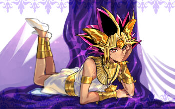 1boy ancient_egyptian ancient_egyptian_clothes armlet atem black_hair blonde_hair closed_mouth colored_bangs commentary_request dark-skinned_male dark_skin earrings eye_of_horus gold_armlet hisagi_(joyclub) jewelry looking_at_viewer lying male_focus millennium_puzzle multicolored_hair on_stomach partial_commentary pharaoh red_eyes shiny_skin smile solo spiked_hair the_pose tunic white_tunic yu-gi-oh! yu-gi-oh!_duel_monsters