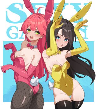 Rule 34 | 2girls, :d, :o, absurdres, ahoge, alternate costume, animal ear hairband, animal ears, armpits, ass, backless leotard, black hair, black thighhighs, blue eyes, bow, bowtie, breasts, center-flap bangs, cleavage, commentary, covered navel, detached collar, double-parted bangs, duck tail, elbow gloves, english commentary, fake animal ears, fake tail, fishnet pantyhose, fishnets, gloves, green eyes, hairband, hakimen, highleg, highleg leotard, highres, hololive, leotard, long hair, looking at viewer, multiple girls, oozora subaru, open mouth, pantyhose, paw pose, pink bow, pink bowtie, pink gloves, pink hair, pink leotard, playboy bunny, rabbit ear hairband, rabbit ears, rabbit pose, sakura miko, smile, strapless, strapless leotard, swept bangs, tail, teeth, thigh gap, thighhighs, traditional bowtie, upper teeth only, virtual youtuber, yellow bow, yellow bowtie, yellow gloves, yellow leotard