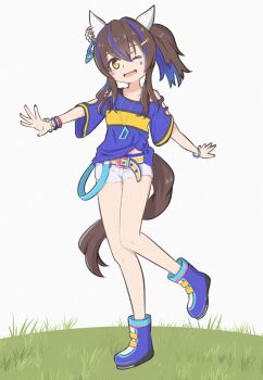 1girl ;d amekaji_gyaru animal_ears bead_bracelet beads belt blue_boots blue_hair blue_shirt boots bracelet brown_hair commentary cutoffs daitaku_helios_(fun_fun_party_night)_(umamusume) daitaku_helios_(umamusume) ear_covers facial_tattoo fang full_body grass gyaru hair_between_eyes hair_ornament hairclip highres horse_ears horse_girl horse_tail jewelry koshiba_taiyaki long_hair looking_at_viewer midriff_peek multicolored_hair multicolored_nails necklace one_eye_closed open_mouth shirt short_sleeves shorts skin_fang smile solo standing standing_on_one_leg star_(symbol) star_tattoo streaked_hair tail tattoo tied_shirt umamusume white_background white_shorts yellow_belt yellow_eyes