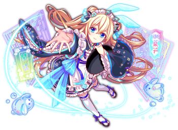 1girl alternate_costume alternate_hair_ornament animal_ears ankle_ribbon apron aqua_choker aqua_flower aqua_ribbon artist_request black_bow black_kimono black_sandals black_sleeves blue_bow blue_eyes blue_outline blue_ribbon blush bow cel_shading choker closed_mouth crash_fever fake_animal_ears floral_print floral_print_kimono floral_print_sleeves flower flower_ornament frilled_apron frills full_body game_cg gathers hair_between_eyes hair_bow hair_flower hair_ornament half_updo holding holding_tray japanese_clothes kimono kimono_dress lace lace-trimmed_thighhighs lace_trim leg_ribbon light_particles long_sleeves looking_at_viewer mobius_(crash_fever) number_print numbered official_alternate_costume official_alternate_hair_ornament official_art okobo outline outstretched_arm outstretched_hand parted_lips pink_flower platform_sandals print_kimono rabbit_ears red_outline ribbon ribbon-trimmed_apron ribbon_trim sandals see-through_hair_ornament see-through_ribbon sleeve_bow smile snow_rabbit solo square square_print tabi tachi-e thighhighs transparent_background tray two_side_up waitress white_apron white_headdress white_thighhighs wide_sleeves