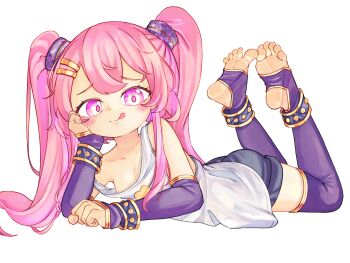 1girl chaosexceed commentary feet hair_ornament highres long_hair lying on_stomach original paid_reward_available pink_eyes pink_hair shorts simple_background soles solo the_pose thighhighs toeless_legwear toes tongue tongue_out twintails white_background