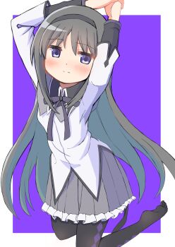 1girl absurdres akemi_homura arms_up black_neckerchief black_pantyhose blush child commentary_request dot_nose feet frilled_skirt frills grey_hair grey_skirt highres kneeling light_smile long_hair looking_at_viewer mahou_shoujo_madoka_magica miniskirt neckerchief no_shoes pantyhose print_pantyhose purple_background purple_eyes riuriumagi school_uniform serafuku shirt simple_background skirt solo toes white_background white_shirt white_trim