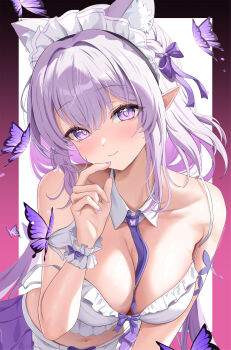 Rule 34 | 1girl, absurdres, alternate costume, animal ear fluff, animal ears, bare shoulders, between breasts, bow, bra, breasts, bug, butterfly, castorice (honkai: star rail), cat ears, cleavage, closed mouth, collar, collarbone, commentary request, detached collar, enmaided, fingernails, frilled hairband, frilled wrist cuffs, frills, hair between eyes, hairband, hand up, highres, honkai: star rail, honkai (series), insect, kemonomimi mode, kesa pasa, korean commentary, long hair, looking at viewer, maid, maid headdress, medium breasts, nail polish, navel, necktie, necktie between breasts, pointy ears, purple bow, purple butterfly, purple eyes, purple hair, purple nails, purple necktie, purple skirt, skirt, smile, solo, stomach, underwear, very long hair, white bra, white collar, white wrist cuffs, wrist cuffs