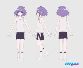 1girl androgynous black_shorts closed_mouth commentary copyright_name english_commentary from_behind from_side grey_background multiple_views original purple_eyes purple_hair rikani short_hair shorts simple_background socks straight-on tank_top white_socks white_tank_top