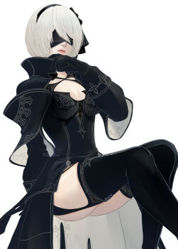 1girl 2b_(nier:automata) black_thighhighs covered_eyes highres looking_at_viewer mitsuki_nite nier:automata nier_(series) short_hair sitting thighhighs white_background white_hair
