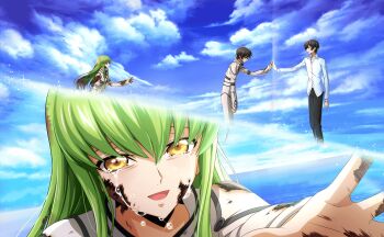 1girl 2boys black_pantyhose bodysuit breasts c.c. code_geass code_geass:_fukkatsu_no_lelouch code_geass:_lost_stories crying dual_persona full_body game_cg green_hair highres long_hair medium_breasts multiple_boys non-web_source official_art pantyhose shirt white_bodysuit white_shirt yellow_eyes