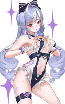 1girl armpits bare_shoulders black_bow blush bow breasts closed_mouth clothing_cutout contrapposto cowboy_shot drill_hair four-finger_heart_hands frilled_leotard frills hair_bow hands_up heart heart-shaped_boob_challenge heart_hands highres leotard long_hair looking_at_viewer matrix16 medium_breasts navel official_alternate_costume pink_bow pointy_ears purple_hair red_eyes simple_background smile solo stomach stomach_cutout swimsuit thigh_strap very_long_hair vivian_banshee vivian_banshee_(iris_of_the_shore) white_background zenless_zone_zero