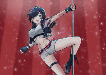 1girl arm_strap belt black_belt black_gloves black_hair black_shoes breasts chest_harness cropped_hoodie dancing fingerless_gloves gloves grey_hoodie grey_shorts hair_over_one_eye harness holding holding_pole hood hoodie indoors large_breasts looking_at_viewer midriff multicolored_hair nanyou_subaru navel pole pole_dancing pole_princess!! purple_eyes red_hair red_streaks shoes short_hair shorts sleeveless sleeveless_hoodie smile sparkle spread_legs stage_lights streaked_hair stripper stripper_pole thigh_strap thighs zipper