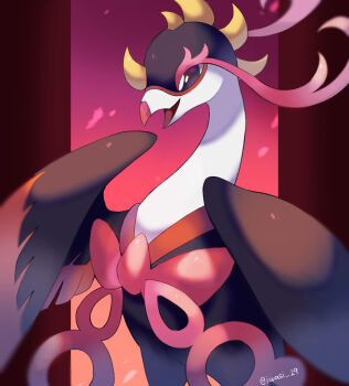 Rule 34 | animal focus, artist name, bird, black eyes, commentary request, fezandipiti, gradient background, highres, iwasi 29, nintendo, no humans, open mouth, pillarboxed, pink background, pokemon, pokemon (creature), twitter username, wings