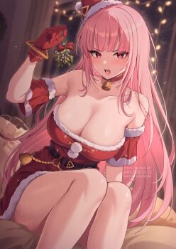 1girl alternate_costume ardenlolo artist_name bare_shoulders bell belt black_belt blurry blurry_background breasts choker christmas cleavage collarbone commentary commentary_request dress english_commentary gloves hat highres hololive hololive_english indoors large_breasts long_hair looking_at_viewer mixed-language_commentary mori_calliope neck_bell paid_reward_available pink_hair red_choker red_dress red_gloves red_hat santa_costume santa_dress santa_hat sitting solo virtual_youtuber