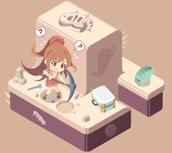 Rule 34 | 1girl, ?, absurdres, blush, blush stickers, briefcase, bright pupils, brown background, brown eyes, brown hair, brown shoes, brown shorts, brown socks, cerulea-blue, chibi, chibi only, chisel, closed mouth, commentary, dinosaur, dinosaur skull, english commentary, eyelashes, flying sweatdrops, fossil, full body, highres, holding, holding pickaxe, long hair, mining, original, overall shorts, overalls, pickaxe, ponytail, rock, shirt, shoes, shorts, simple background, smile, socks, solo, speech bubble, spoken question mark, standing, white pupils, white shirt