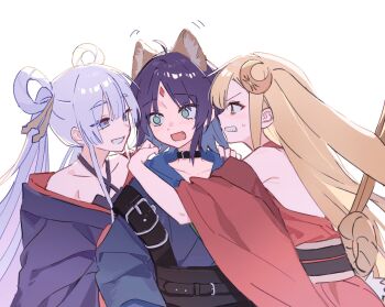 3girls @_@ ahoge animal_ears bare_shoulders blonde_hair blue_eyes blue_hoodie blush chou_kaguya-hime! chuanzhoujikou commentary dress fang forehead_jewel fox_ears girl_sandwich grey_hair grin hair_rings hand_on_another's_shoulder highres hood hoodie iroha_sakayori kaguya_(chou_kaguya-hime!) medium_hair multiple_girls obi purple_dress purple_hair rabbit_ears red_dress sandwiched sash simple_background smile twintails white_background yachiyo_runami yuri