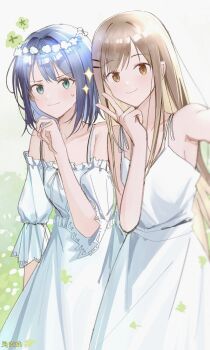 2boys :3 adachi_sakura adachi_to_shimamura blue_eyes blue_hair brown_eyes brown_hair chinese_commentary closed_mouth commentary dress haidao_mao hair_ornament hairclip head_wreath highres long_hair looking_at_viewer medium_hair multiple_boys off-shoulder_dress off_shoulder parallel_hairclips selfie shimamura_hougetsu short_sleeves sleeveless sleeveless_dress spaghetti_strap sparkle sweatdrop v white_dress