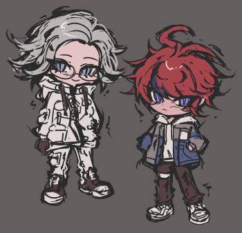 2boys absurdres ahoge aotsuki_eito black_gloves black_hair blue_eyes closed_mouth eyebrows frown full_body glasses gloves grey_background hands_in_pockets highres long_sleeves male_focus messy_hair multicolored_hair multiple_boys parted_hair red_hair simple_background smile standing sumino_takumi the_hundred_line_-last_defense_academy- white_hair