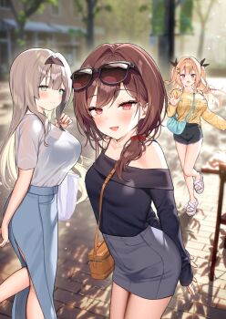 :d arms_behind_back bag black_bra black_hairband black_shirt black_shorts blue_skirt blurry blush bra brown_hair depth_of_field eyewear_on_head frayed_shorts green_eyes grey_hair grey_skirt hair_intakes hair_ribbon hairband handbag jewelry long_hair long_skirt long_sleeves looking_at_viewer medium_hair mintice_(asatsukimint) necklace off-shoulder_shirt off_shoulder open_mouth original outdoors pink_eyes red_eyes red_ribbon ribbon see-through_clothes see-through_shirt shirt short_sleeves shorts side_slit skirt sleeves_past_wrists smile sunglasses tree twintails two_side_up underwear waving white_shirt